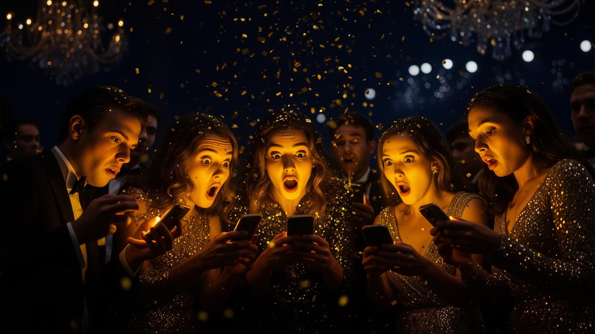 Guests at an event reacting in awe as a live spray broadcasts to their phones
