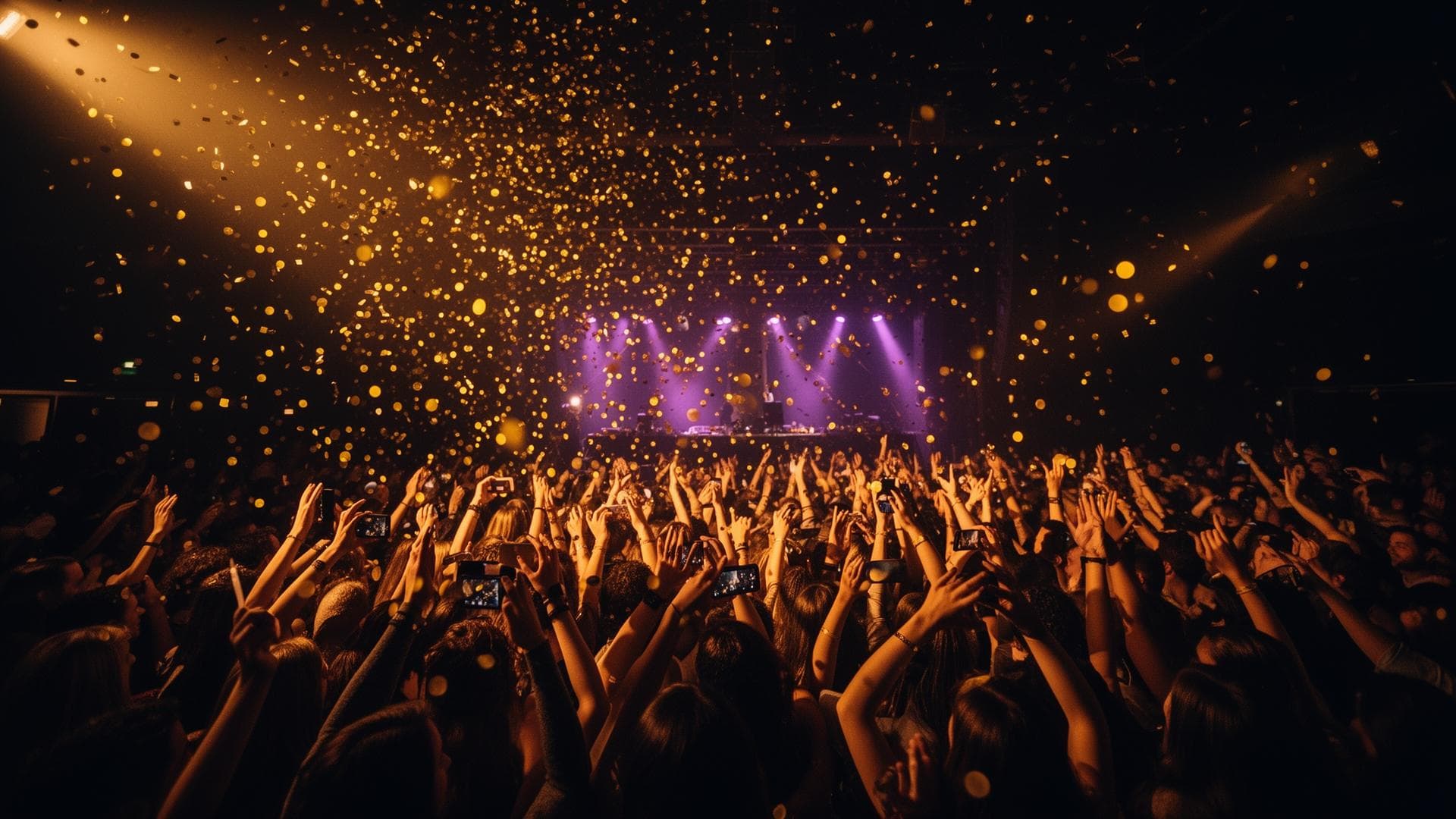 Crowd at a live event with gold confetti raining down