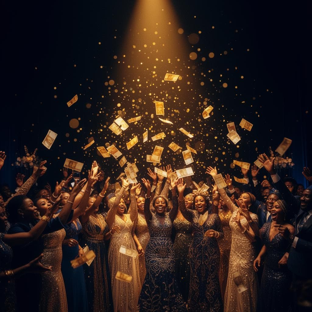 Wedding guests spraying gold tokens at a celebration