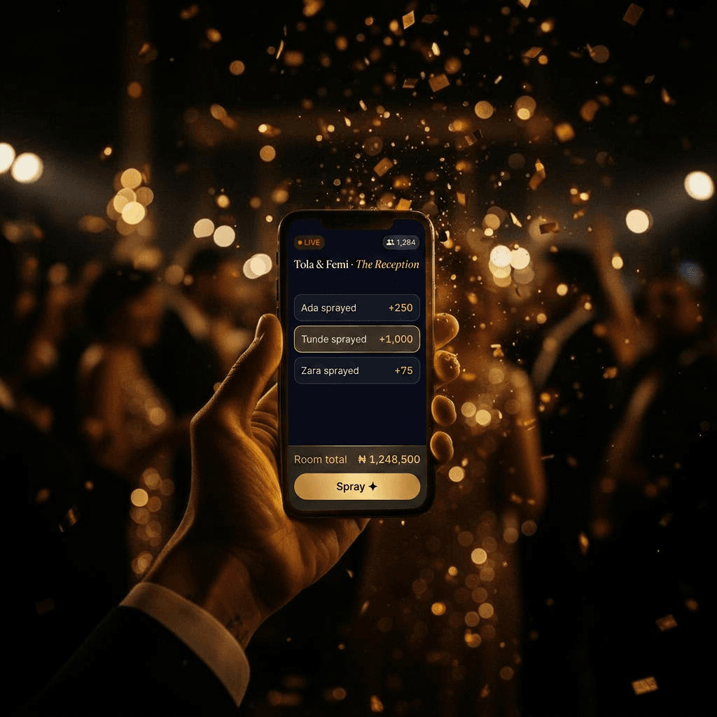 Hand holding a phone glowing gold at a live event